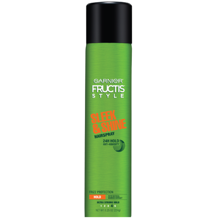Front pack shot of Garnier Fructis Sleek & Shine hairspray.